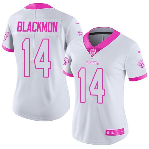 Nike Jacksonville Jaguars #14 Justin Blackmon White Pink Women Stitched NFL Limited Rush Fashion Jersey->women nfl jersey->Women Jersey